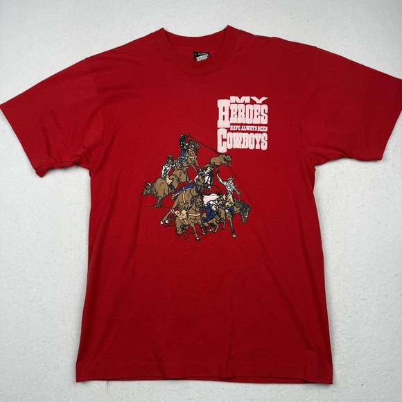 Screen Stars Best Other - Vintage My Heroes Have Always Been Cowboys Shirt Mens Large Red Made in USA 90s